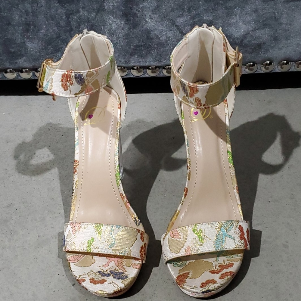 Bird Print Ankle Strap Translucent Block Heels - image 3
